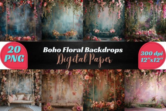 Boho Floral Backdrops Digital Papers: Elevate Your Creative Projects with Bohemian Elegance