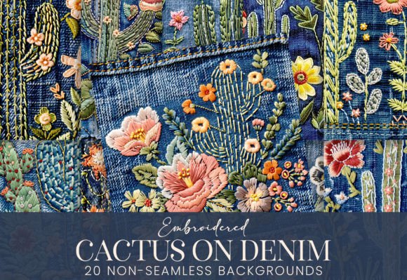 Embroidered Cactus on Denim Jeans Fabric